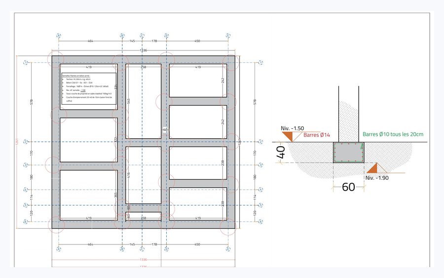 Plan de fondations et d'armatures coté — Jemeppe-sur-Sambre